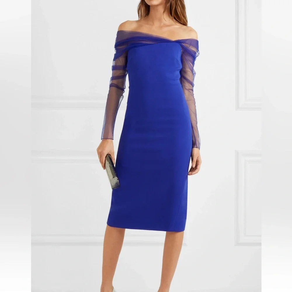 NWT Cushnie et Ochs Indigo Off Shoulder Tulle Pencil Dress - Size 0 - Picture 2 of 9